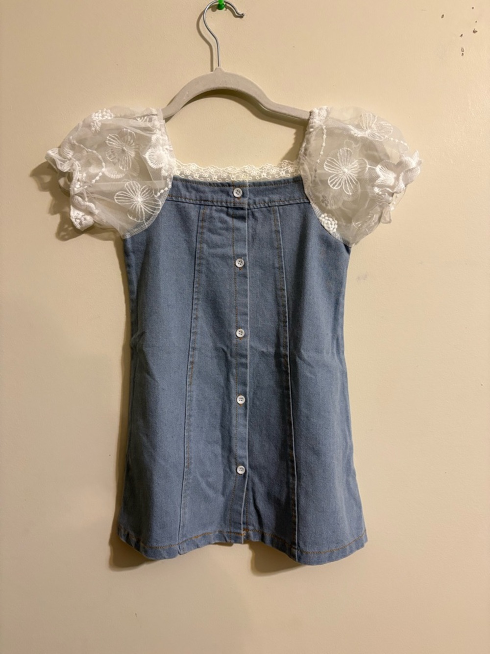 Girls 3T Denim Dress‎ Lace Puff Sleeve A-Line button front Casual Dress NWT